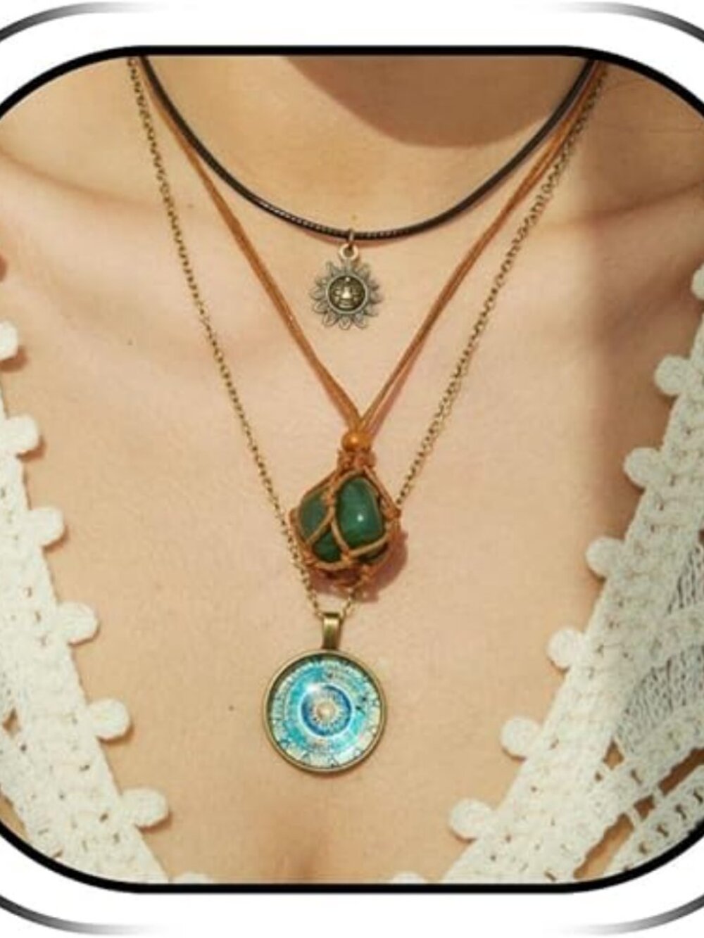 Roe Dolph Layered Boho Necklace Green Stone Sun Crystal Floral Pendant Choker